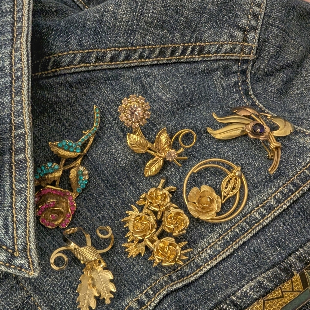 HARRY ISKIN Vintage Sapphire Brooch 1940 12K Gold Filled Floral Bouquet Pin - Picture 7 of 8